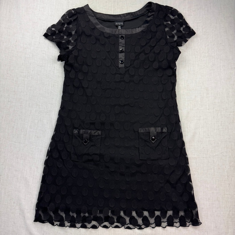 En Focus Women Dress Womens 18W Black Polka Dot Mesh Overlay Mod Shift LBD